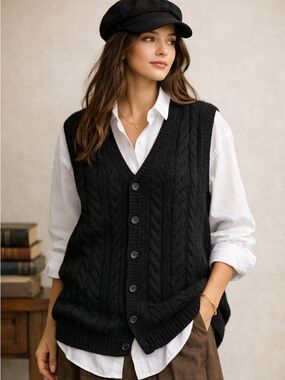 Vintage Black Cable Knit Sweater Vest Oversized Academia Wool XL